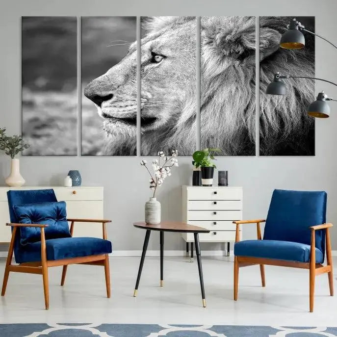 An African Lion Wall Art Canvas Print, featuring a black and white triptych of the lion's profile, is displayed above the modern couch.