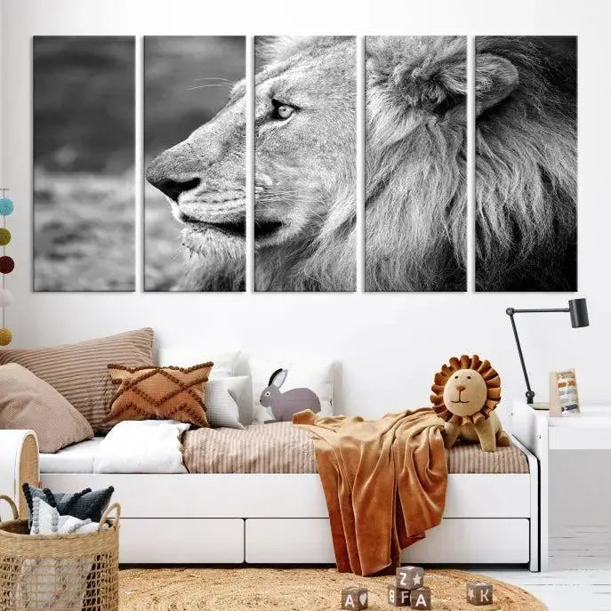 An African Lion Wall Art Canvas Print, featuring a black and white triptych of the lion's profile, is displayed above the modern couch.