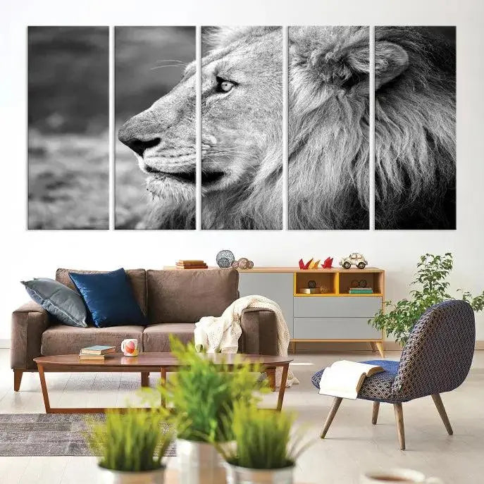 An African Lion Wall Art Canvas Print, featuring a black and white triptych of the lion's profile, is displayed above the modern couch.