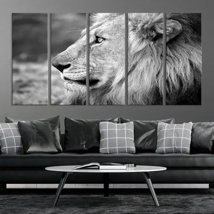 An African Lion Wall Art Canvas Print, featuring a black and white triptych of the lion's profile, is displayed above the modern couch.