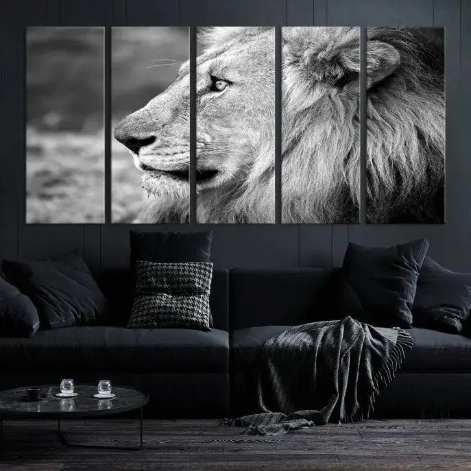 An African Lion Wall Art Canvas Print, featuring a black and white triptych of the lion's profile, is displayed above the modern couch.