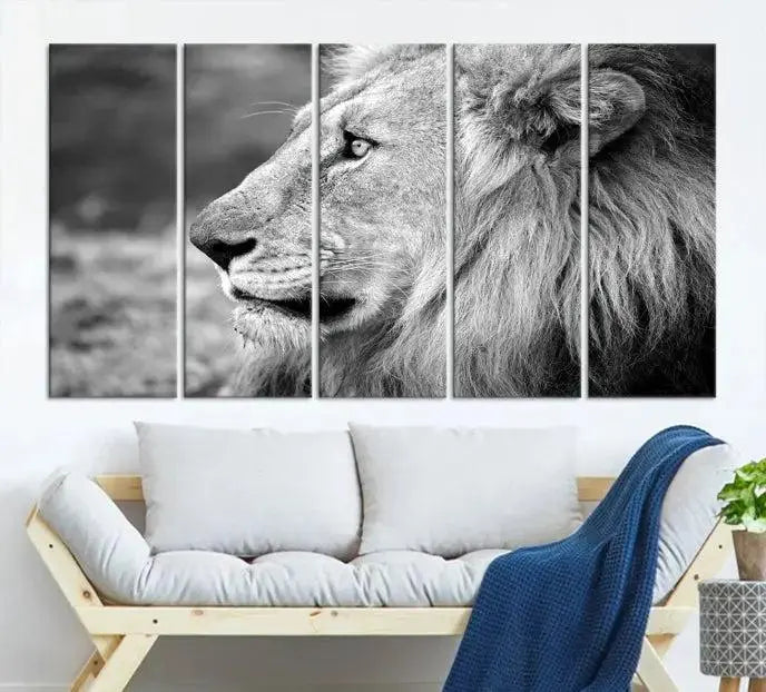 An African Lion Wall Art Canvas Print, featuring a black and white triptych of the lion's profile, is displayed above the modern couch.