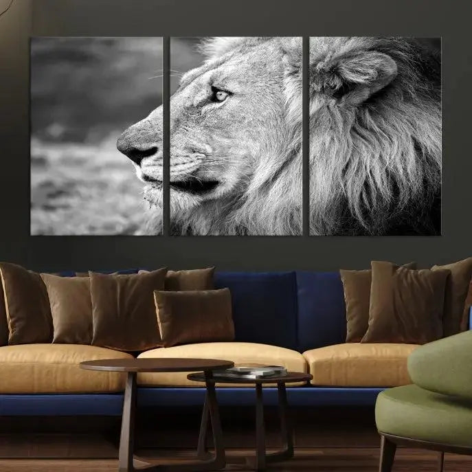 An African Lion Wall Art Canvas Print, featuring a black and white triptych of the lion's profile, is displayed above the modern couch.