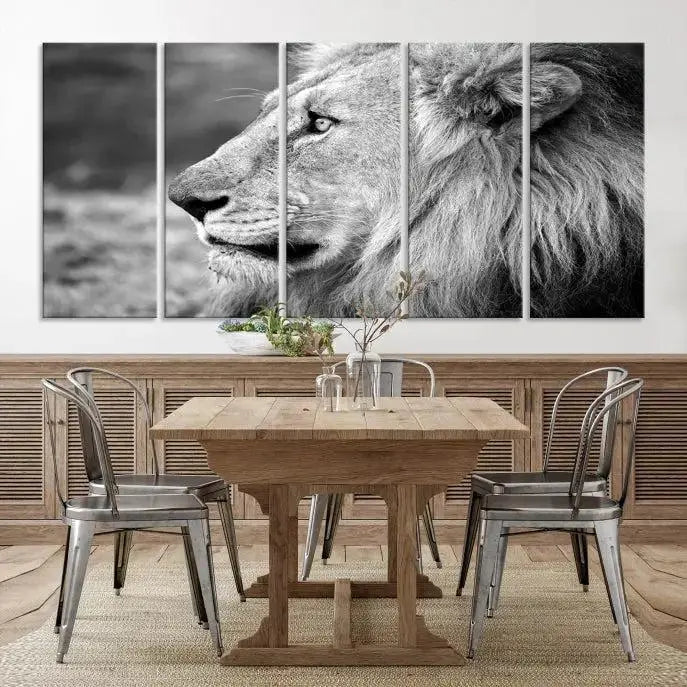 An African Lion Wall Art Canvas Print, featuring a black and white triptych of the lion's profile, is displayed above the modern couch.