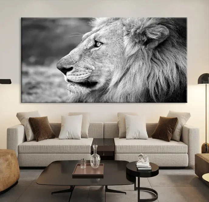 An African Lion Wall Art Canvas Print, featuring a black and white triptych of the lion's profile, is displayed above the modern couch.