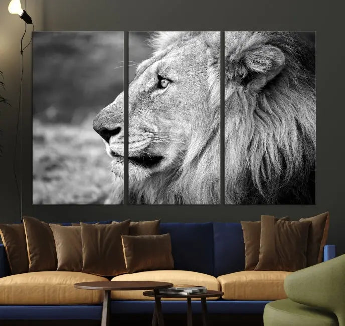 An African Lion Wall Art Canvas Print, featuring a black and white triptych of the lion's profile, is displayed above the modern couch.