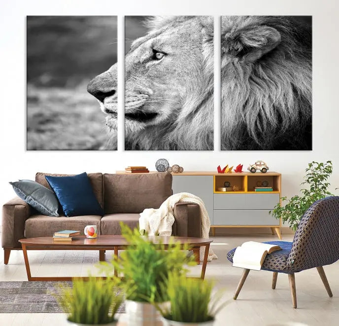 An African Lion Wall Art Canvas Print, featuring a black and white triptych of the lion's profile, is displayed above the modern couch.