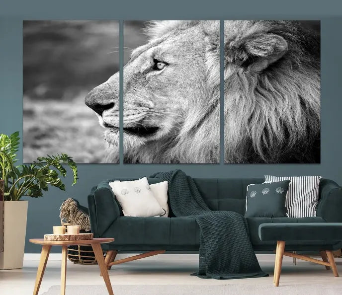 An African Lion Wall Art Canvas Print, featuring a black and white triptych of the lion's profile, is displayed above the modern couch.