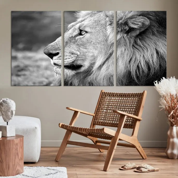 An African Lion Wall Art Canvas Print, featuring a black and white triptych of the lion's profile, is displayed above the modern couch.