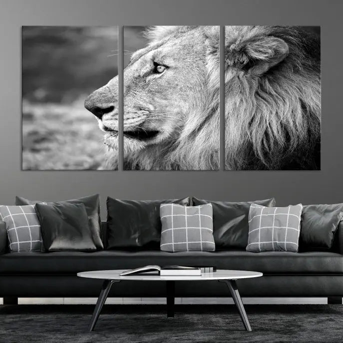 An African Lion Wall Art Canvas Print, featuring a black and white triptych of the lion's profile, is displayed above the modern couch.