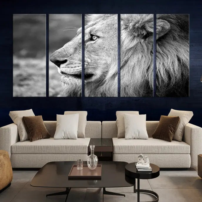 An African Lion Wall Art Canvas Print, featuring a black and white triptych of the lion's profile, is displayed above the modern couch.