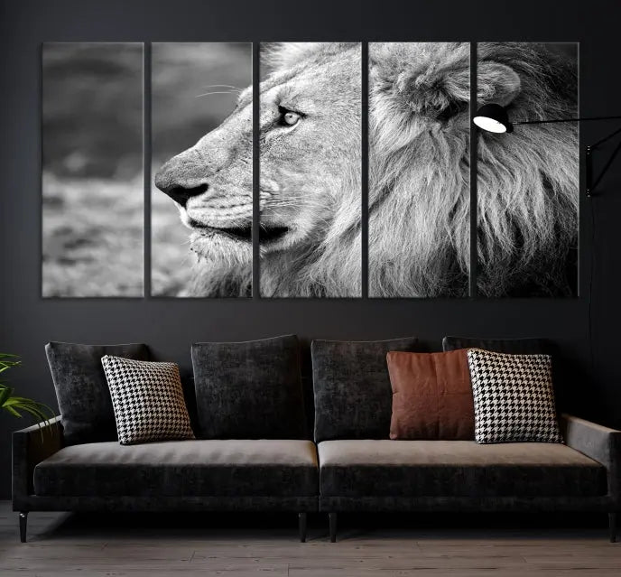 An African Lion Wall Art Canvas Print, featuring a black and white triptych of the lion's profile, is displayed above the modern couch.