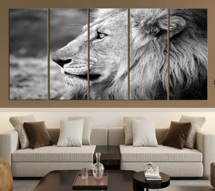 An African Lion Wall Art Canvas Print, featuring a black and white triptych of the lion's profile, is displayed above the modern couch.