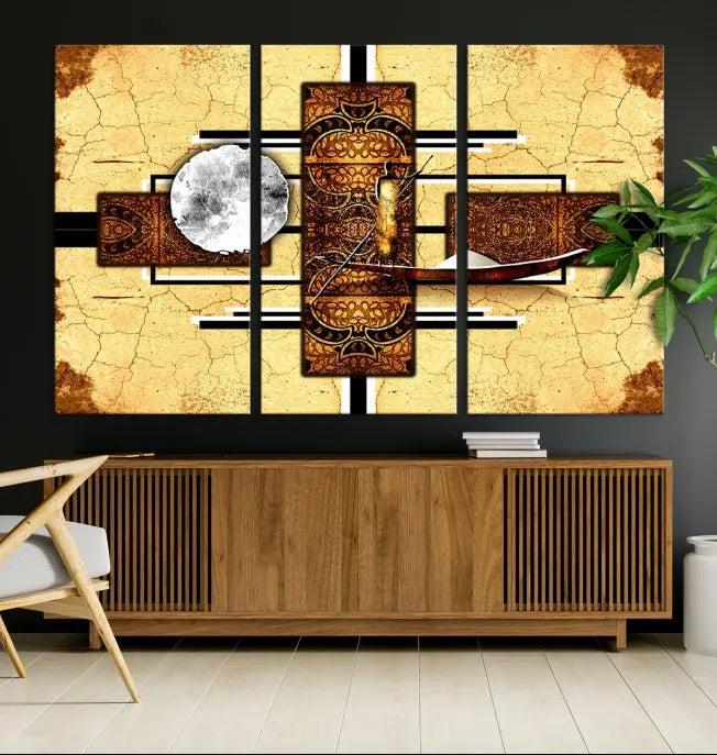 The "African Style Abstract Wall Art Canvas Print" adds a touch of elegance to a room with its warm tones and geometric patterns. Crafted on museum-quality canvases, this triptych boasts a UV-protective coating to maintain its vibrant allure over time.