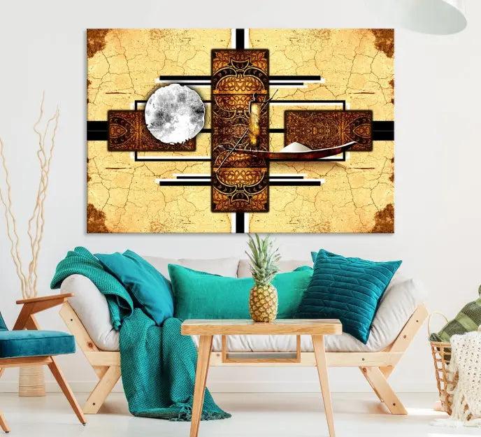 The "African Style Abstract Wall Art Canvas Print" adds a touch of elegance to a room with its warm tones and geometric patterns. Crafted on museum-quality canvases, this triptych boasts a UV-protective coating to maintain its vibrant allure over time.