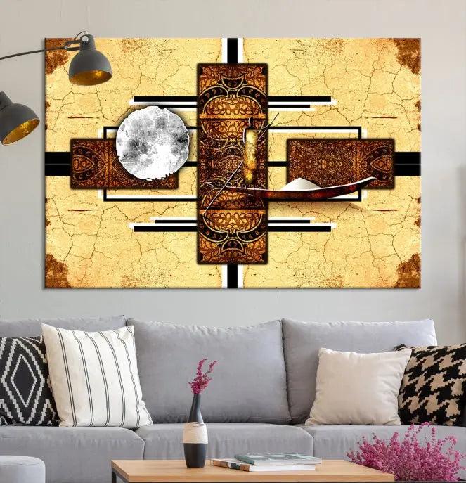 The "African Style Abstract Wall Art Canvas Print" adds a touch of elegance to a room with its warm tones and geometric patterns. Crafted on museum-quality canvases, this triptych boasts a UV-protective coating to maintain its vibrant allure over time.