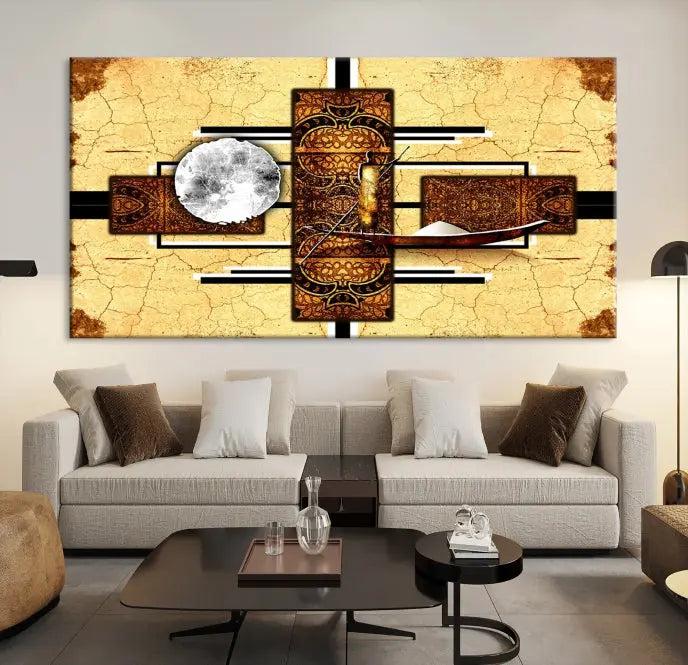 The "African Style Abstract Wall Art Canvas Print" adds a touch of elegance to a room with its warm tones and geometric patterns. Crafted on museum-quality canvases, this triptych boasts a UV-protective coating to maintain its vibrant allure over time.