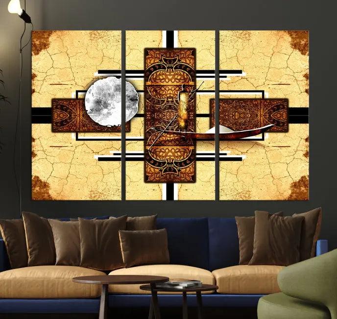 The "African Style Abstract Wall Art Canvas Print" adds a touch of elegance to a room with its warm tones and geometric patterns. Crafted on museum-quality canvases, this triptych boasts a UV-protective coating to maintain its vibrant allure over time.