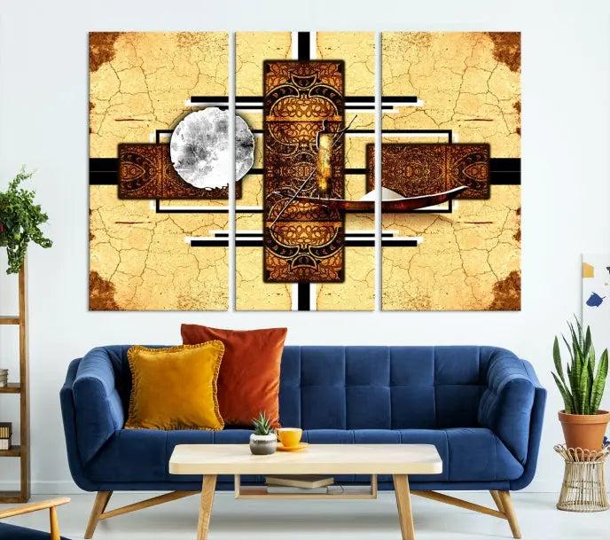 The "African Style Abstract Wall Art Canvas Print" adds a touch of elegance to a room with its warm tones and geometric patterns. Crafted on museum-quality canvases, this triptych boasts a UV-protective coating to maintain its vibrant allure over time.