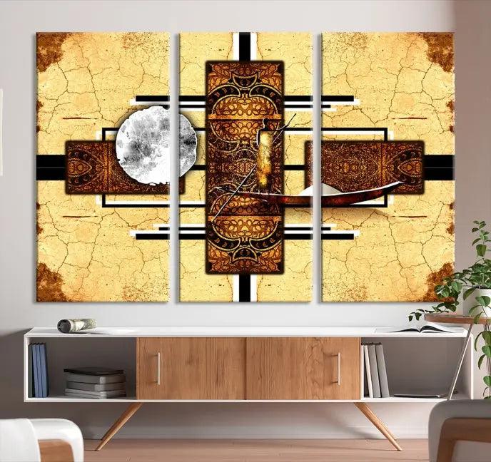 The "African Style Abstract Wall Art Canvas Print" adds a touch of elegance to a room with its warm tones and geometric patterns. Crafted on museum-quality canvases, this triptych boasts a UV-protective coating to maintain its vibrant allure over time.