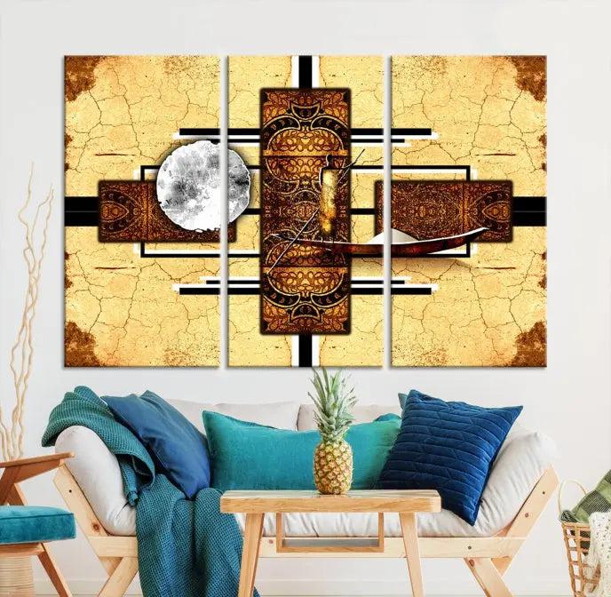 The "African Style Abstract Wall Art Canvas Print" adds a touch of elegance to a room with its warm tones and geometric patterns. Crafted on museum-quality canvases, this triptych boasts a UV-protective coating to maintain its vibrant allure over time.