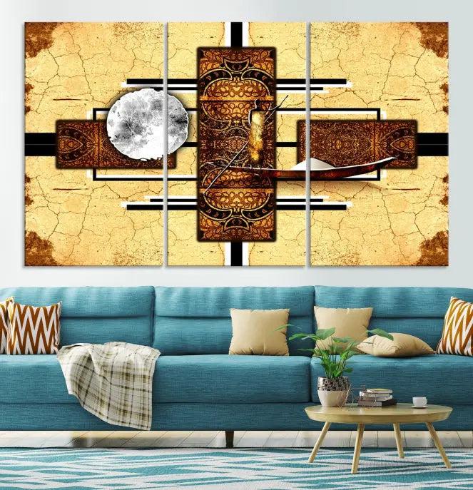 The "African Style Abstract Wall Art Canvas Print" adds a touch of elegance to a room with its warm tones and geometric patterns. Crafted on museum-quality canvases, this triptych boasts a UV-protective coating to maintain its vibrant allure over time.