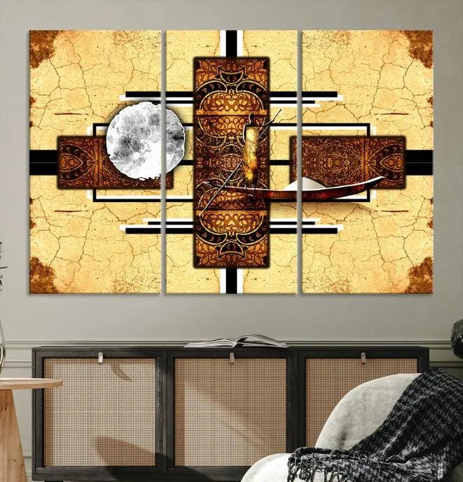 The "African Style Abstract Wall Art Canvas Print" adds a touch of elegance to a room with its warm tones and geometric patterns. Crafted on museum-quality canvases, this triptych boasts a UV-protective coating to maintain its vibrant allure over time.