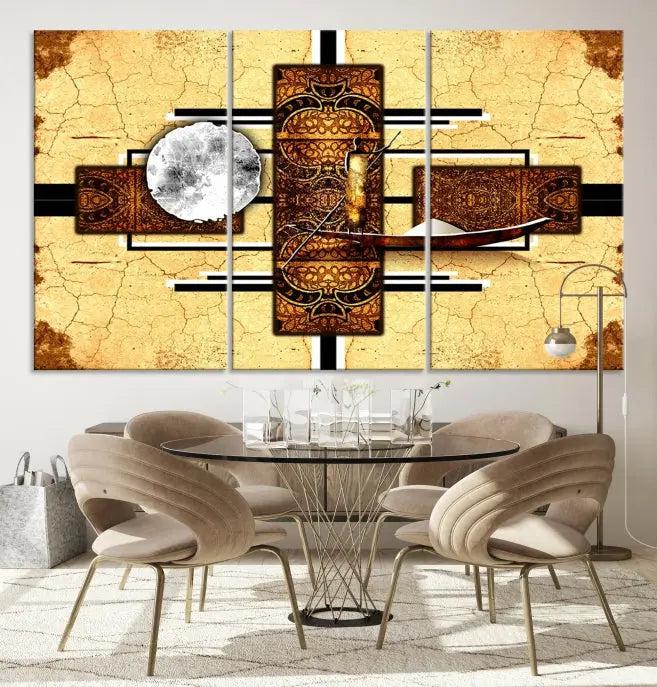 The "African Style Abstract Wall Art Canvas Print" adds a touch of elegance to a room with its warm tones and geometric patterns. Crafted on museum-quality canvases, this triptych boasts a UV-protective coating to maintain its vibrant allure over time.