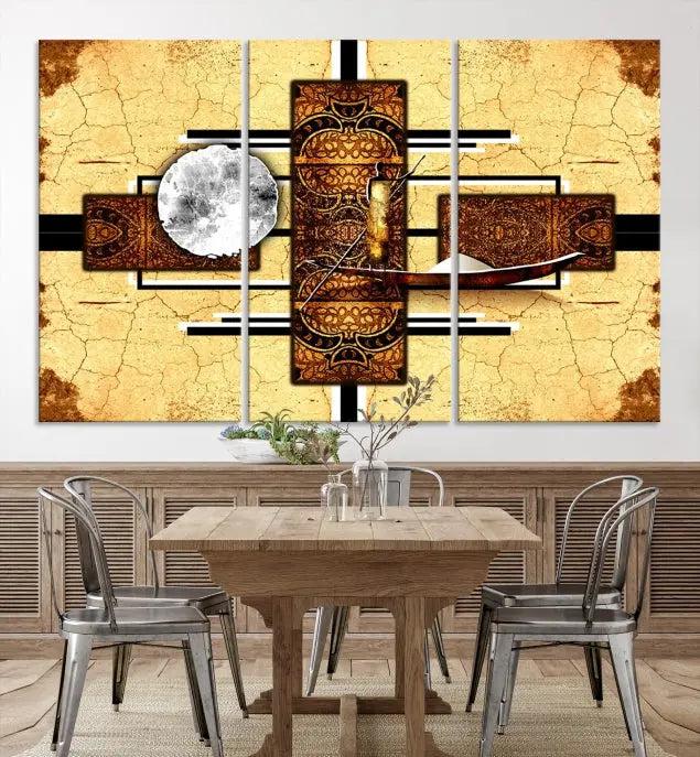 The "African Style Abstract Wall Art Canvas Print" adds a touch of elegance to a room with its warm tones and geometric patterns. Crafted on museum-quality canvases, this triptych boasts a UV-protective coating to maintain its vibrant allure over time.