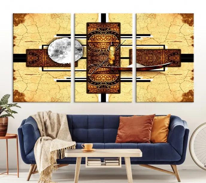 The "African Style Abstract Wall Art Canvas Print" adds a touch of elegance to a room with its warm tones and geometric patterns. Crafted on museum-quality canvases, this triptych boasts a UV-protective coating to maintain its vibrant allure over time.