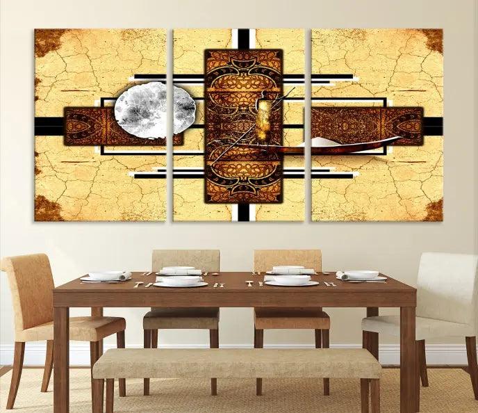 The "African Style Abstract Wall Art Canvas Print" adds a touch of elegance to a room with its warm tones and geometric patterns. Crafted on museum-quality canvases, this triptych boasts a UV-protective coating to maintain its vibrant allure over time.