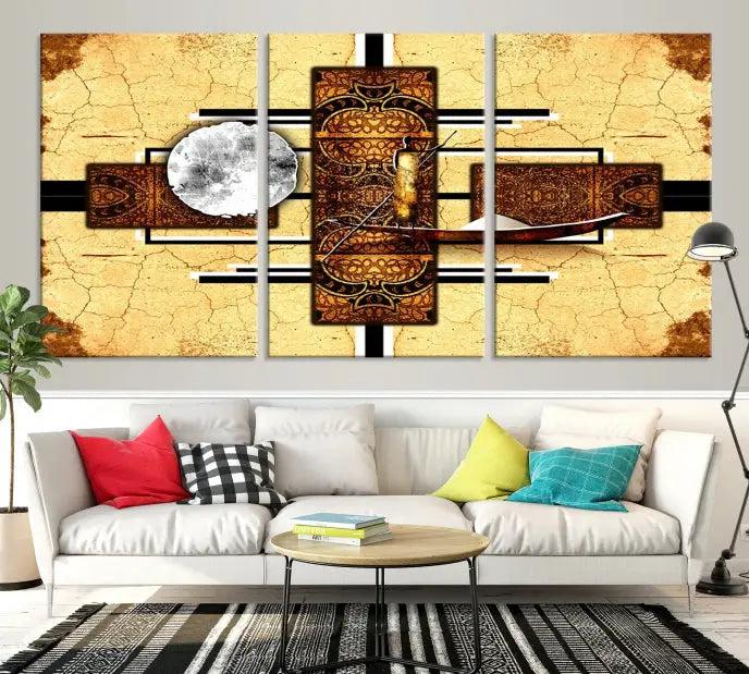 The "African Style Abstract Wall Art Canvas Print" adds a touch of elegance to a room with its warm tones and geometric patterns. Crafted on museum-quality canvases, this triptych boasts a UV-protective coating to maintain its vibrant allure over time.