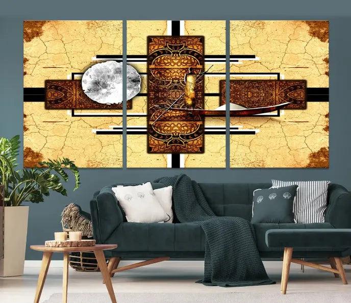 The "African Style Abstract Wall Art Canvas Print" adds a touch of elegance to a room with its warm tones and geometric patterns. Crafted on museum-quality canvases, this triptych boasts a UV-protective coating to maintain its vibrant allure over time.