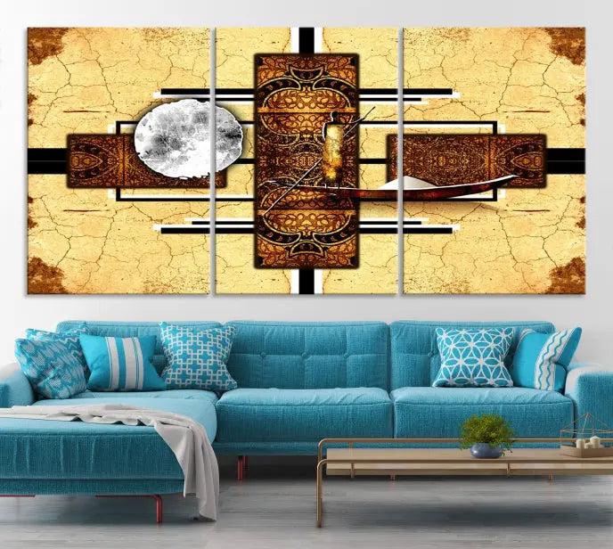 The "African Style Abstract Wall Art Canvas Print" adds a touch of elegance to a room with its warm tones and geometric patterns. Crafted on museum-quality canvases, this triptych boasts a UV-protective coating to maintain its vibrant allure over time.