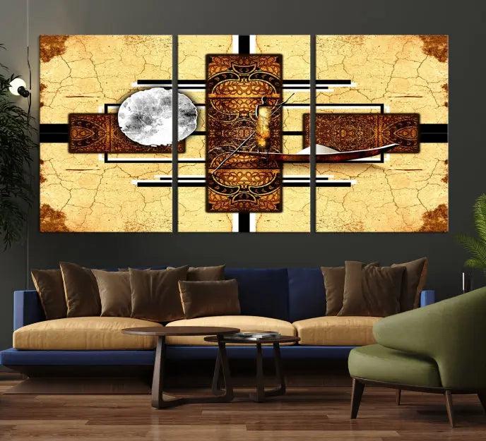 The "African Style Abstract Wall Art Canvas Print" adds a touch of elegance to a room with its warm tones and geometric patterns. Crafted on museum-quality canvases, this triptych boasts a UV-protective coating to maintain its vibrant allure over time.