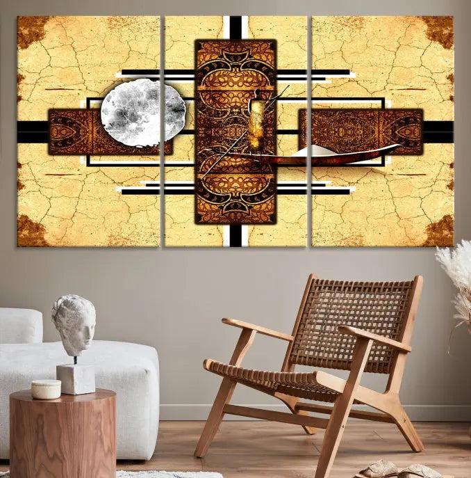 The "African Style Abstract Wall Art Canvas Print" adds a touch of elegance to a room with its warm tones and geometric patterns. Crafted on museum-quality canvases, this triptych boasts a UV-protective coating to maintain its vibrant allure over time.