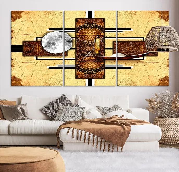 The "African Style Abstract Wall Art Canvas Print" adds a touch of elegance to a room with its warm tones and geometric patterns. Crafted on museum-quality canvases, this triptych boasts a UV-protective coating to maintain its vibrant allure over time.