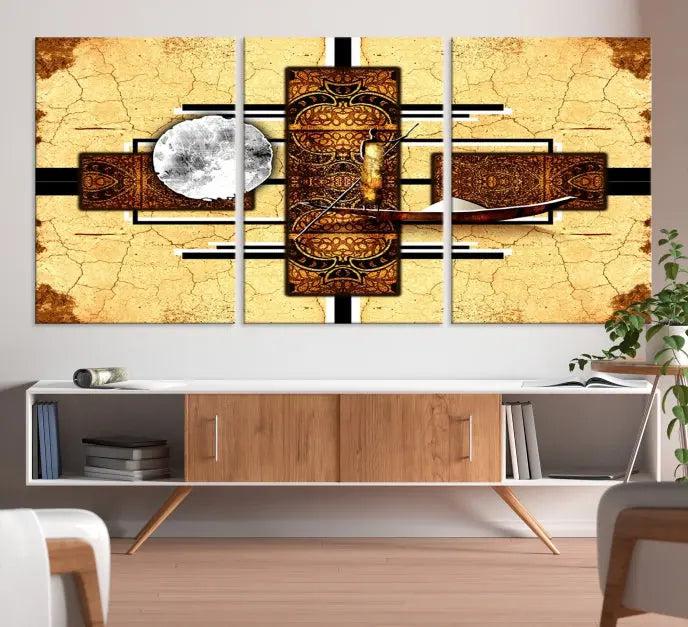 The "African Style Abstract Wall Art Canvas Print" adds a touch of elegance to a room with its warm tones and geometric patterns. Crafted on museum-quality canvases, this triptych boasts a UV-protective coating to maintain its vibrant allure over time.