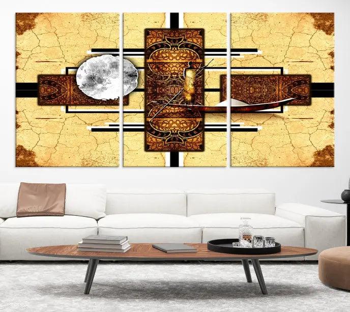 The "African Style Abstract Wall Art Canvas Print" adds a touch of elegance to a room with its warm tones and geometric patterns. Crafted on museum-quality canvases, this triptych boasts a UV-protective coating to maintain its vibrant allure over time.