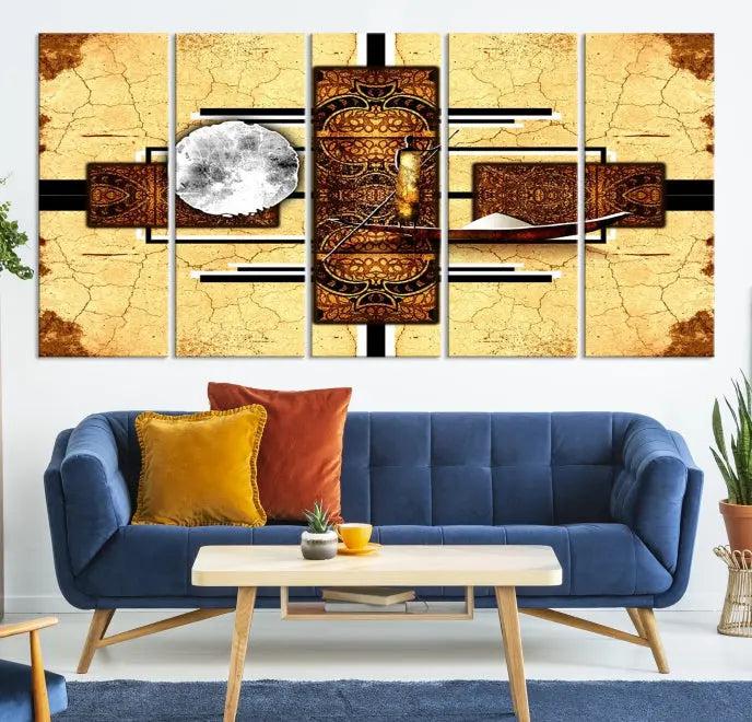 The "African Style Abstract Wall Art Canvas Print" adds a touch of elegance to a room with its warm tones and geometric patterns. Crafted on museum-quality canvases, this triptych boasts a UV-protective coating to maintain its vibrant allure over time.