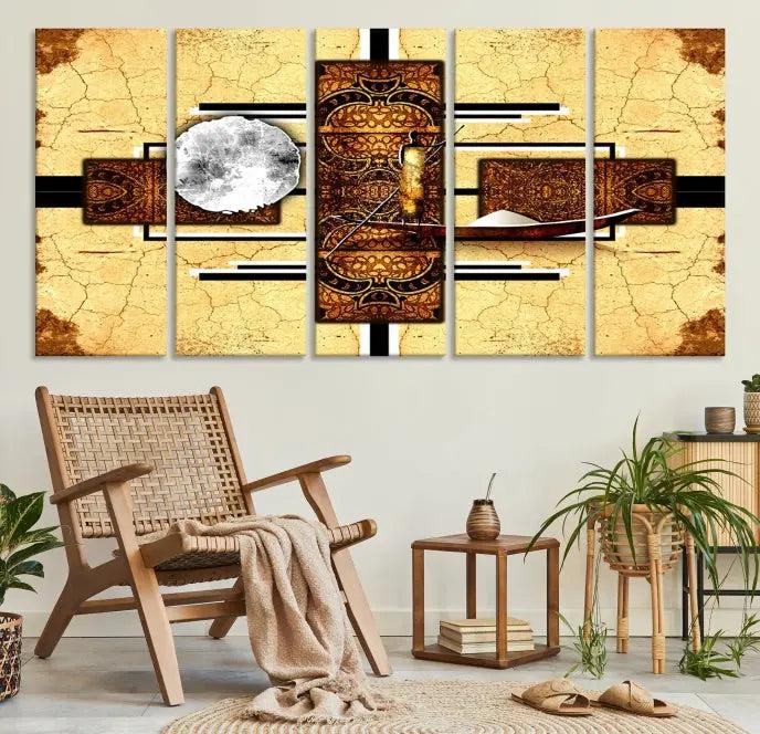 The "African Style Abstract Wall Art Canvas Print" adds a touch of elegance to a room with its warm tones and geometric patterns. Crafted on museum-quality canvases, this triptych boasts a UV-protective coating to maintain its vibrant allure over time.