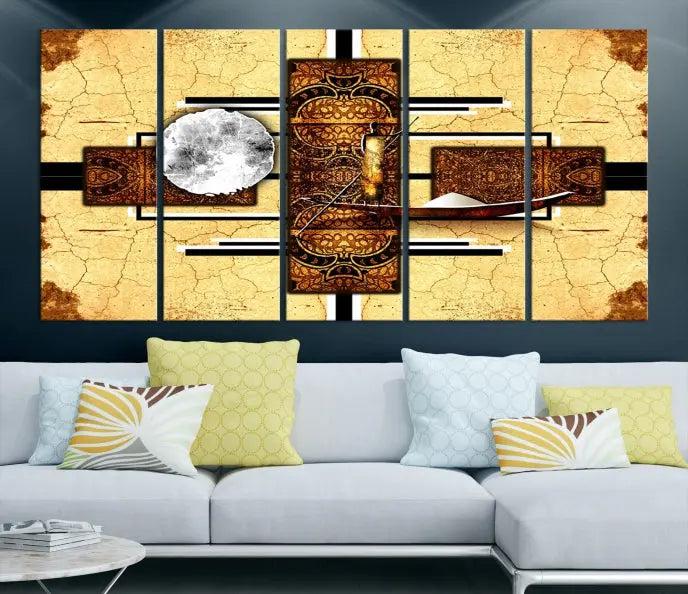 The "African Style Abstract Wall Art Canvas Print" adds a touch of elegance to a room with its warm tones and geometric patterns. Crafted on museum-quality canvases, this triptych boasts a UV-protective coating to maintain its vibrant allure over time.