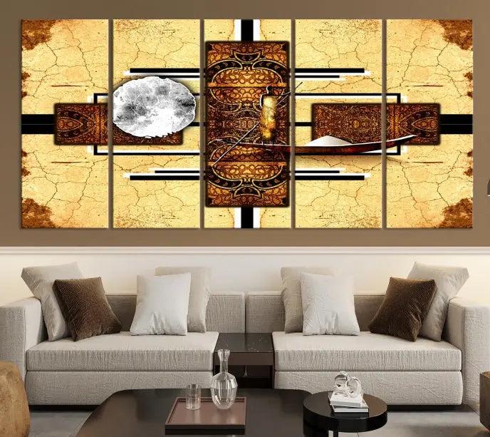 The "African Style Abstract Wall Art Canvas Print" adds a touch of elegance to a room with its warm tones and geometric patterns. Crafted on museum-quality canvases, this triptych boasts a UV-protective coating to maintain its vibrant allure over time.