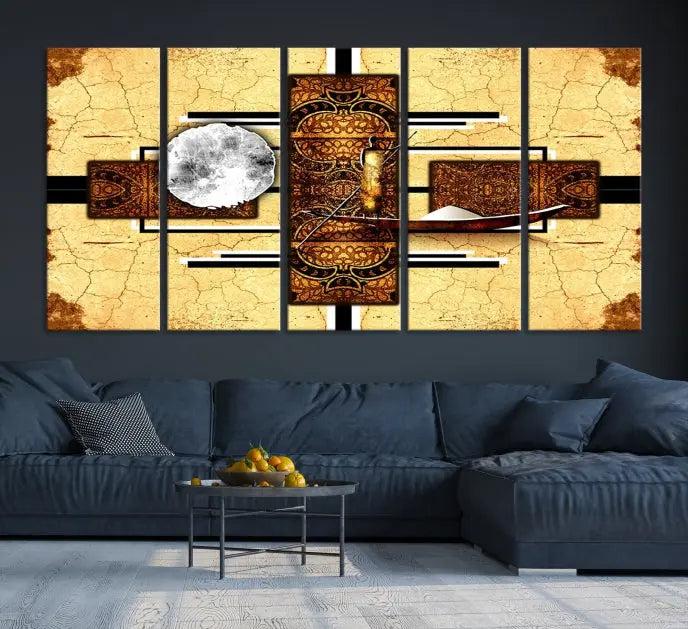 The "African Style Abstract Wall Art Canvas Print" adds a touch of elegance to a room with its warm tones and geometric patterns. Crafted on museum-quality canvases, this triptych boasts a UV-protective coating to maintain its vibrant allure over time.