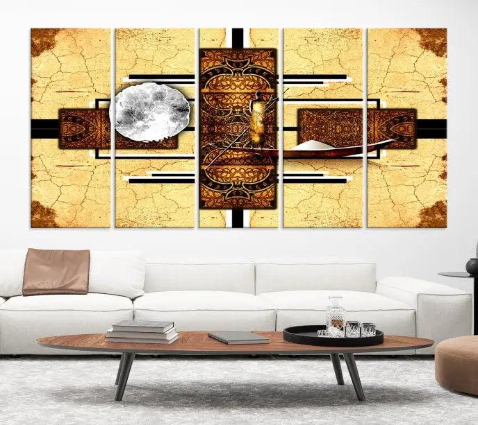 The "African Style Abstract Wall Art Canvas Print" adds a touch of elegance to a room with its warm tones and geometric patterns. Crafted on museum-quality canvases, this triptych boasts a UV-protective coating to maintain its vibrant allure over time.