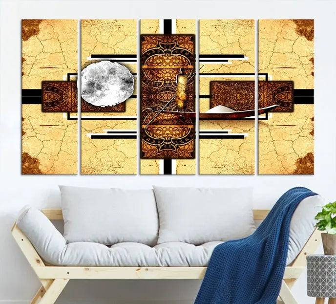 The "African Style Abstract Wall Art Canvas Print" adds a touch of elegance to a room with its warm tones and geometric patterns. Crafted on museum-quality canvases, this triptych boasts a UV-protective coating to maintain its vibrant allure over time.