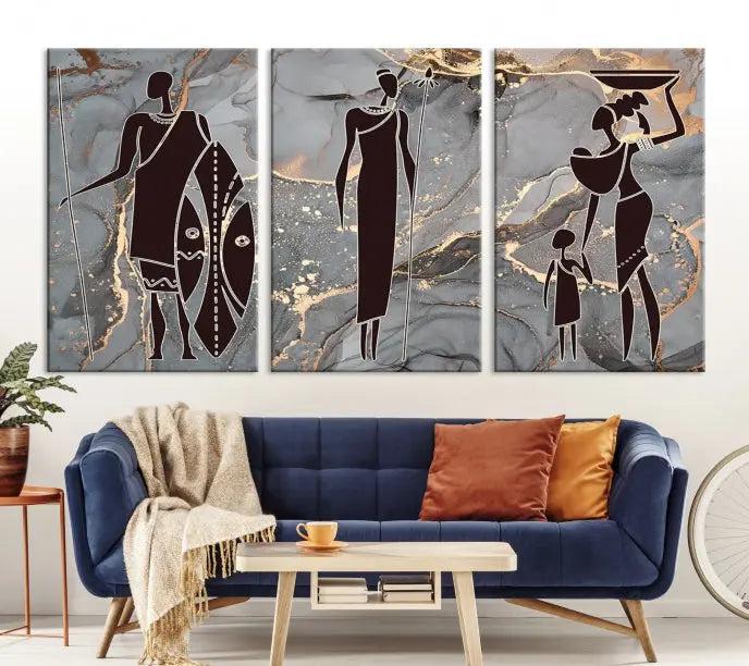 The African Warrior and Women Art Canvas Prints with UV-protective coating hang prominently.