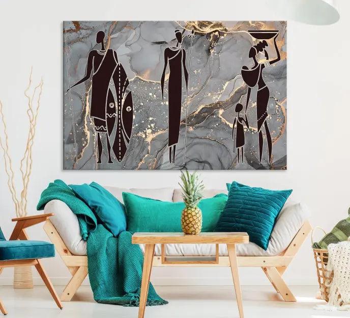 The African Warrior and Women Art Canvas Prints with UV-protective coating hang prominently.