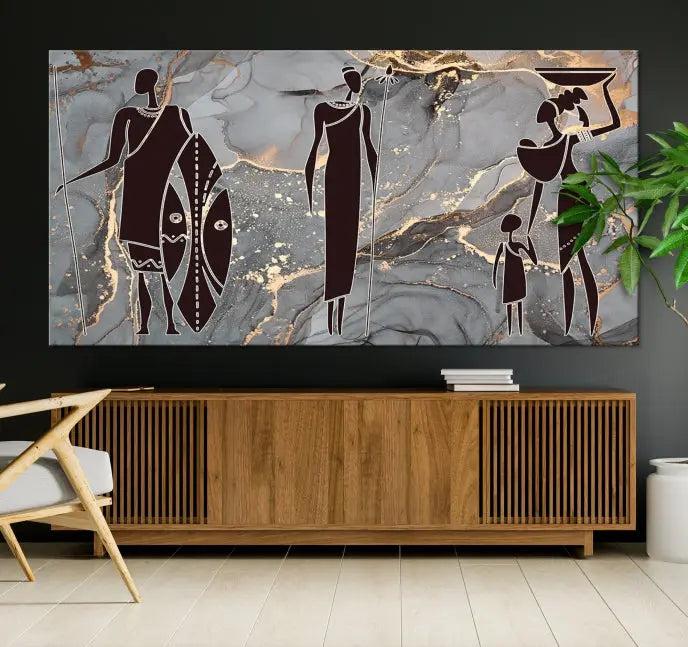 The African Warrior and Women Art Canvas Prints with UV-protective coating hang prominently.