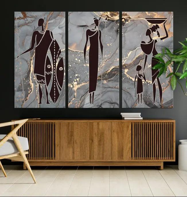 The African Warrior and Women Art Canvas Prints with UV-protective coating hang prominently.